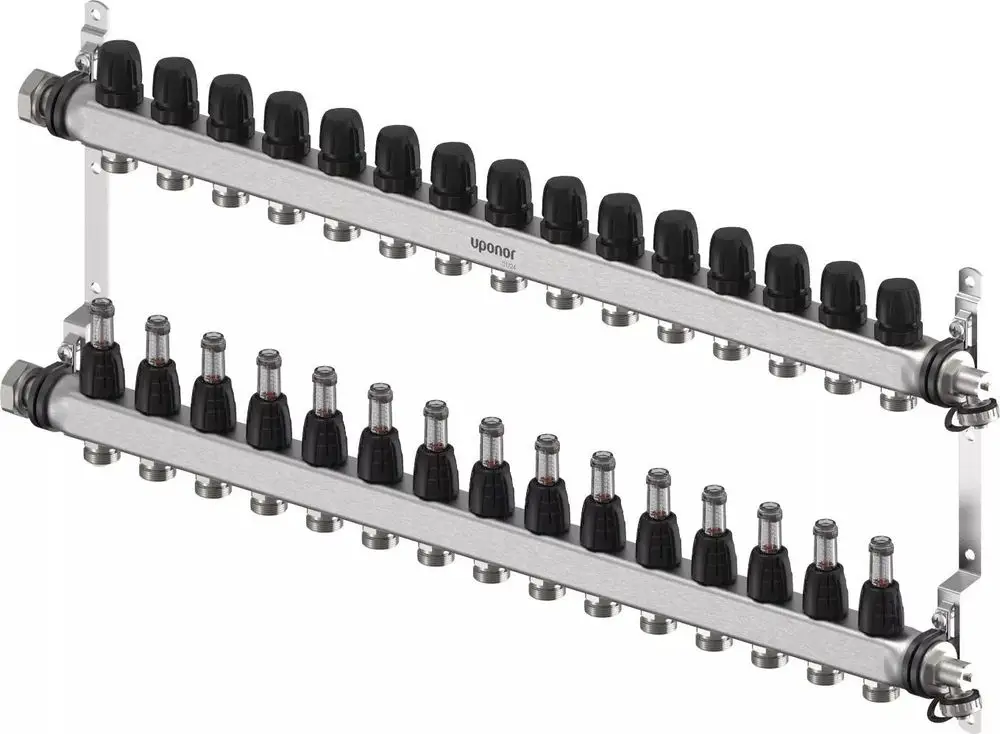 Uponor Verteiler mit mehreren Anschlüssen, montiert auf zwei horizontalen Rohren, geeignet für Heizungs- oder Kühlungsanwendungen.